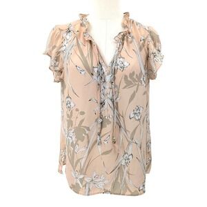 Boho Floral Ruffle Tie Neck Blouse Liz Claiborne M Peach Work Office Feminine